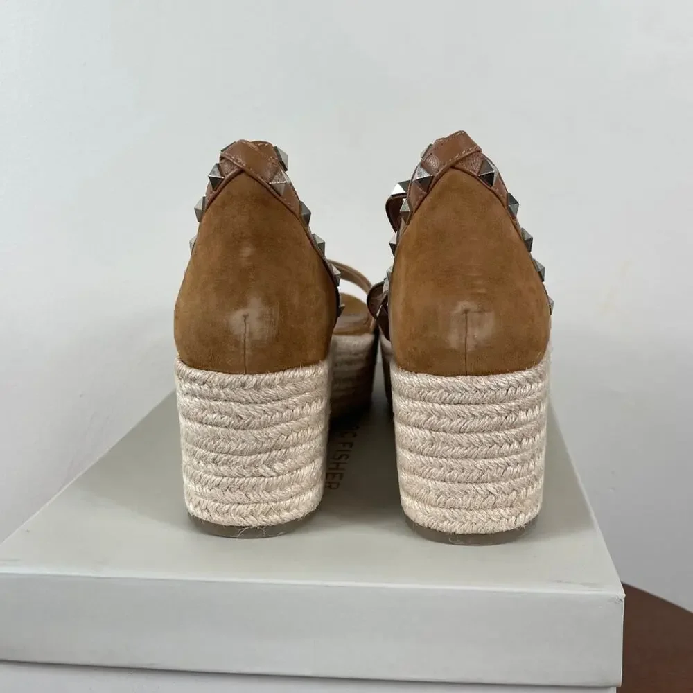 Marc Fisher Jazlyn Studded Espadrille Wedge Sandal Brown Suede Women's Size 8.5